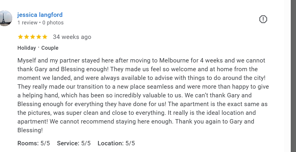Guest review for South Yarra Stays Melbourne accommodation