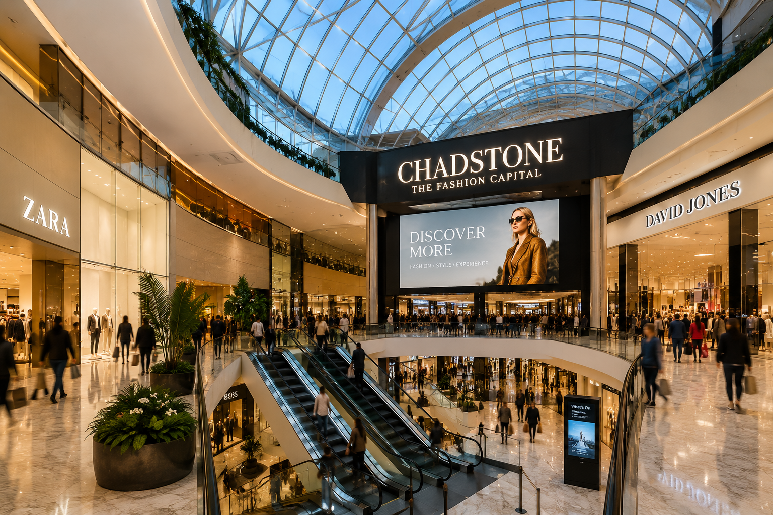 Interior of Chadstone Shopping Centre in Melbourne with shoppers, luxury stores and the iconic glass roof.