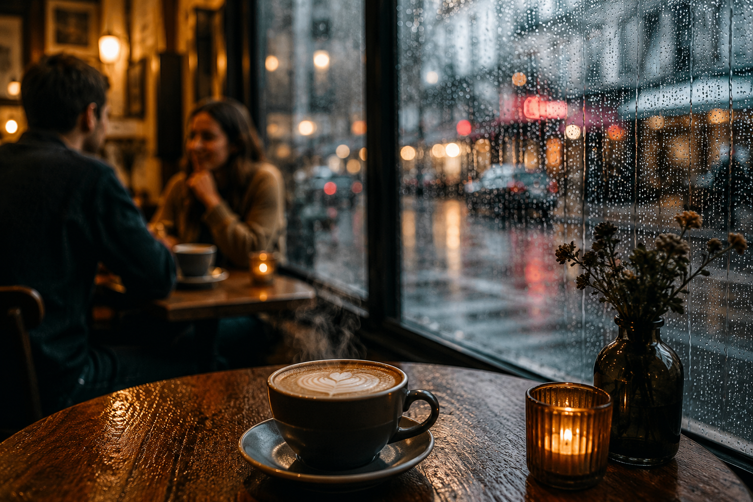 A cosy Melbourne café on a rainy winter day with two people enjoying coffee by the window.